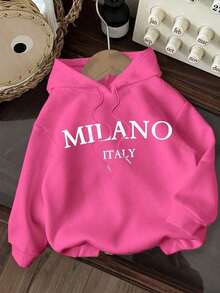 Popular Hoodies For GirlsWomen's Casual Simple Milano Pattern White Hoodie Sweatshirt, Loose Fit, Thick Thermal Lined, Suitable For Autumn And Winter,Long Sleeve Tops Back To School Fall And Winter Clothing Autumn And Winterroomy And Comfortable - 玫紅色 - 查看 4