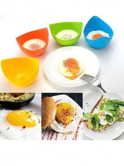 4pcs In Random Colors Egg Poacher Cups, Egg Boiler Mold Cup, Silicone Egg Poachers, Egg Poaching Cups With Ring Standers, Poached Egg Cups For Microwave Air Fryer Stovetop Egg Cooking, Non-Stick , Set Of 4,Random Color