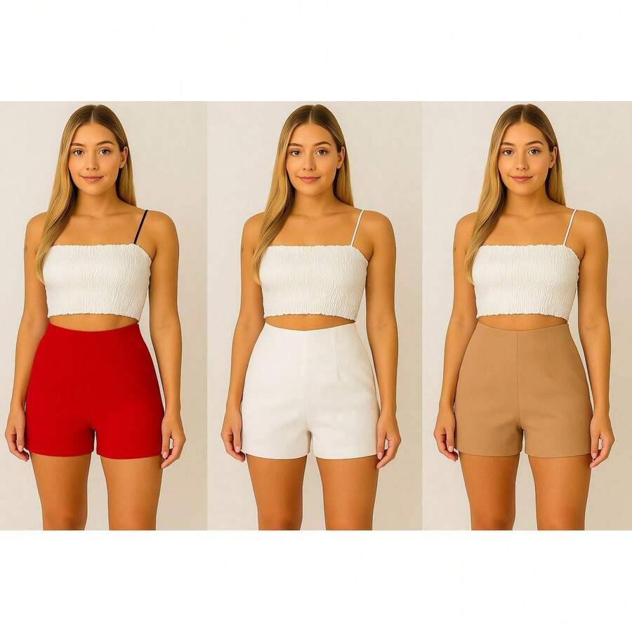 SHORT KIT OF 3 PIECES, TAILORED SOCIAL WORK, NEW FASHION 2025 - BEIGE RED WHITE - View 1