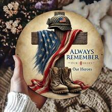 2D Flat, 1 Piece Retro Patriotic "Always Remember Our Heroes" Aluminum Metal Sign.8x7.8inch - Home, Garden, Bar And Coffee Shop Wall-Mounted Military Tribute Decoration, American Flag Decoration, Cross Silhouette Design, Home Decoration, Retro Style, Durable Material, Home Decorator, 2D Flat - 彩色 - 查看 1