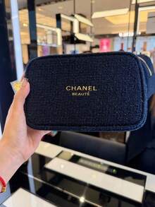 CHANEL 海军蓝斜纹软呢化妆包，带拉链，金色Logo和金色山茶花拉链头，奢华美妆包 - 藏蓝色 - 查看 6