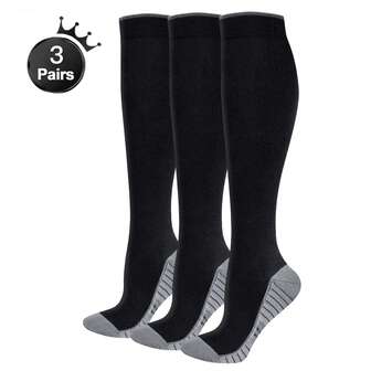 3 Pairs Men's Knee High Black Cycling Running Baseball Softball Training Athletic Sports Compression Socks, Long Travel Flight Socks