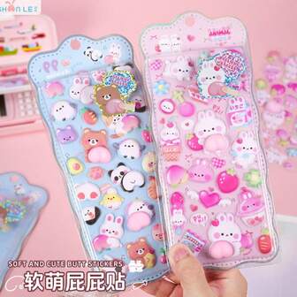 热门柔软可爱造型挤压玩具，3D兔子和小熊贴纸，儿童礼物，手工制作，手机壳装饰，卡通，益智，减压，糖果，泡泡贴纸