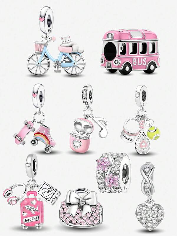 1Pc 925 Sterling Silver DIY Charms Pink Series Beads Pendant For Ladies Jewelry Bangle And Necklace Accessories 925 Sterling Silver Fine Jewelry Making