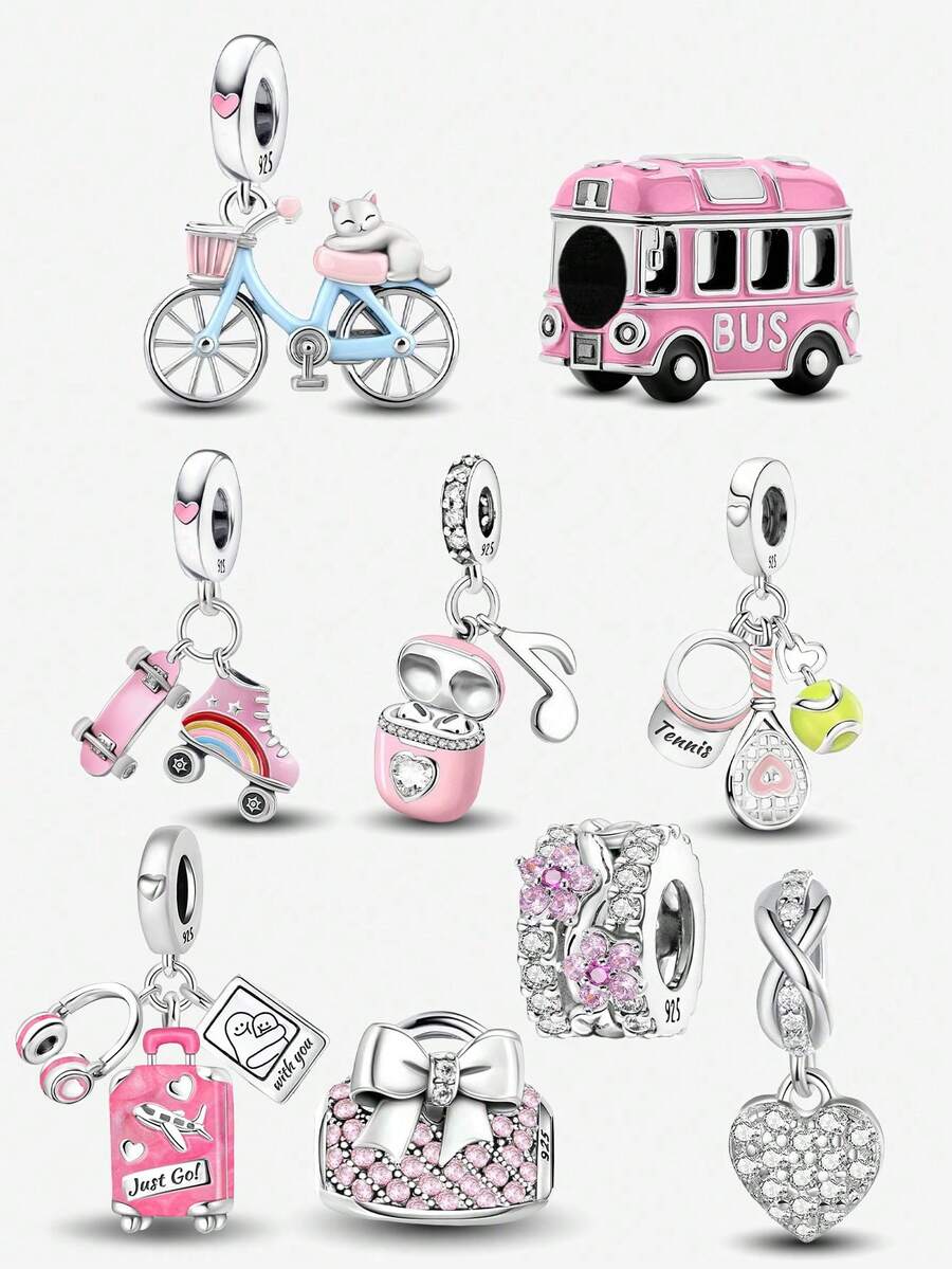 1 szt. 925 srebro próby 925 DIY Charms seria różowa koraliki wisiorek dla kobiet biżuteria bransoletka i naszyjnik akcesoria 925 srebro próby 925 tworzenie biżuterii - Srebro - Zobacz 1