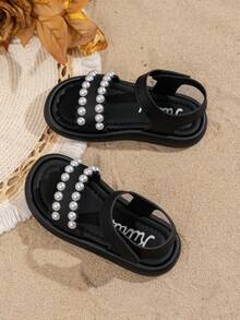 1双女童夏季新款珍珠设计时尚公主凉鞋，儿童软底鞋，幼儿沙滩鞋，时尚女童款 - 黑色 - 查看 3