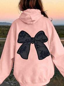 1 buah Sweatshirt Gaya Y2K Manis untuk Remaja Perempuan dengan Motif Pita Renda, Lembut dan Nyaman, Pakaian Kasual Sehari-hari. - Berwarna merah muda - View 1