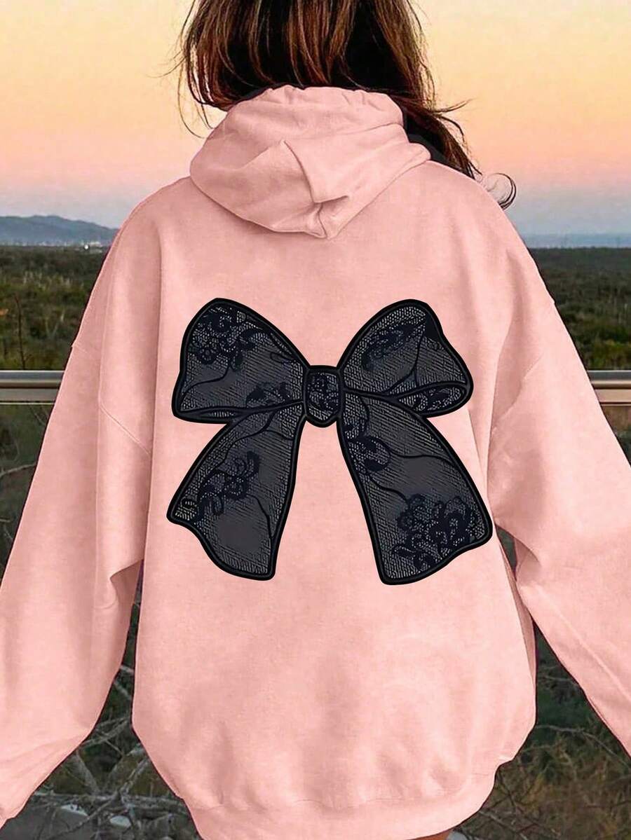 1 buah Sweatshirt Gaya Y2K Manis untuk Remaja Perempuan dengan Motif Pita Renda, Lembut dan Nyaman, Pakaian Kasual Sehari-hari. - Berwarna merah muda - View 1