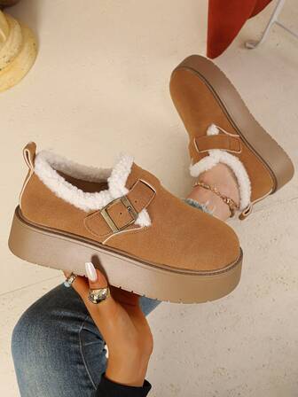 2025 New Autumn/Winter Short Platform Shoes, Fashionable Metal Buckle, Anti-Slip Sole, Versatile & Elevator Chunky Sole Loafers, Essential Autumn/Winter Outfit,Fur Boots