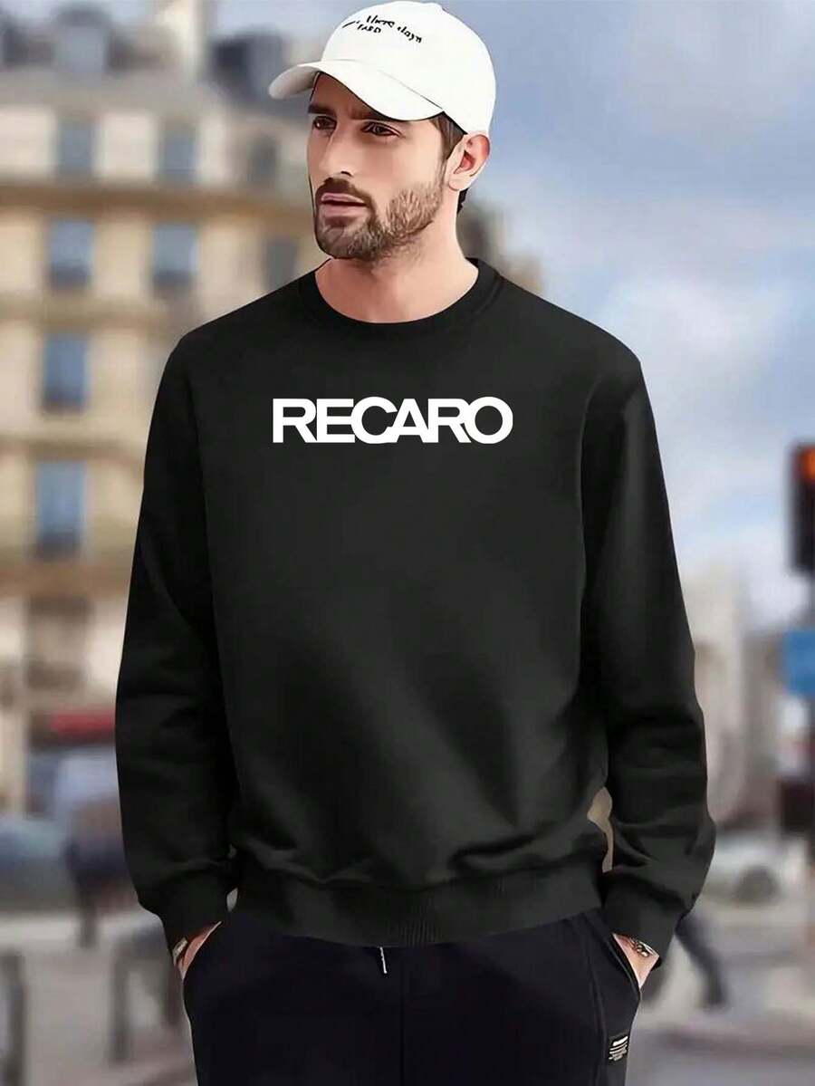 Men Casual Long Sleeve Crew Neck Sweatshirt With RECARO Print - Gray, Geometric Pattern, Regular Fit, Ideal For Outdoor Activities, SpringFall Wear, Outdoor Clothing Sporty Casual Style Comfortable Fit, Sweater Hoodie, Dakine, Benelli Print Sweater, Trainer Men, Greddy, Greedu - 黑色 - 查看 1