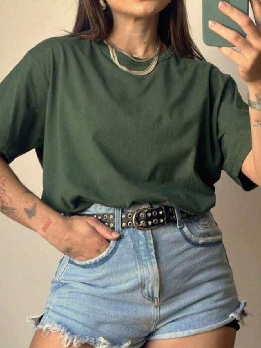 Women's Basic Casual Comfortable T-Shirt, 100% Cotton. - 墨綠色 - 查看 1