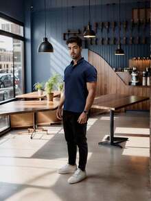 Men's Short-Sleeve Shirt With Mandarin Collar And Linen-Look - Assorted Colors - Comfortable - Navy Blue - View 4