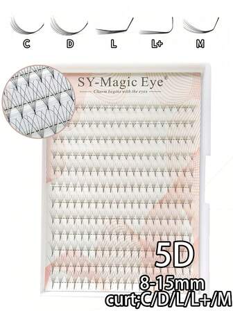 每盒240片，5D，厚度0.07毫米，长度8-15毫米/混合，C/D卷度，尖头底座预制睫毛簇，附赠10片睫毛嫁接凝胶眼贴，方便携带，手工嫁接假睫毛，适合派对、旅行和圣诞节使用。