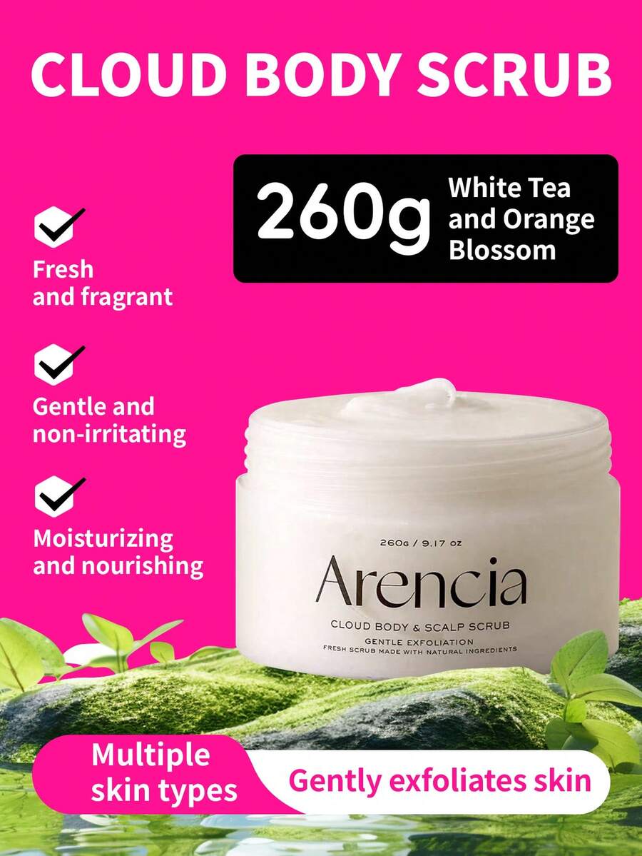 1瓶260克Arencia身体磨砂膏，蕴含法国海盐、白茶和橙花提取物，温和去角质颗粒，保湿亮肤，适合所有肤质，可每日使用。 - 260g 白茶與橙花 - 查看 1
