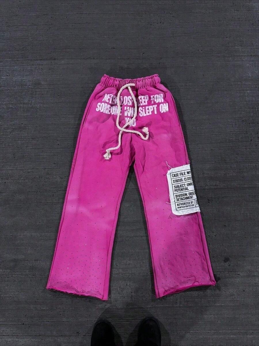 Men's High-Street Dark-Style Pants With Patchwork Embroidery Hoodie Design Relaxed-Fit Casual Pants Sweatshirt - Quần hồng - Xem 1