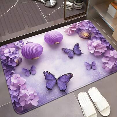 1 Piece Purple Butterfly And Hydrangea Pattern Doormat - Microfiber Polyester Water Absorbent Machine Washable Floor Mat, Suitable For Bathroom, Bedroom, Living Room Entrance - Decorative Carpet, Bathroom Mat With Vibrant Design, Elegant Home Decoration