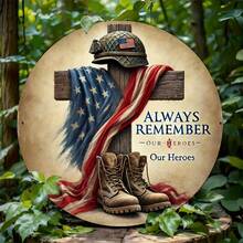 2D Flat, 1 Piece Retro Patriotic "Always Remember Our Heroes" Aluminum Metal Sign.8x7.8inch - Home, Garden, Bar And Coffee Shop Wall-Mounted Military Tribute Decoration, American Flag Decoration, Cross Silhouette Design, Home Decoration, Retro Style, Durable Material, Home Decorator, 2D Flat - 彩色 - 查看 5