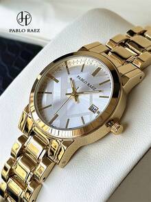 Pablo Raez 1 chiếc đồng hồ nữ, vàng 18K, đồng hồ đeo tay cao cấp, vỏ thép không gỉ IPG, thiết kế thanh lịch mới, máy quartz, mặt số trắng thời trang, hiển thị ngày, chất lượng cao, đồng hồ đeo tay nữ, chống nước 50M, dây đeo thép SUS304, khóa trang sức, đồng hồ trẻ trung dễ thương, món quà tinh tế dành cho bạn bè hoặc gia đình, phù hợp cho cuộc sống hàng ngày/công việc/dự tiệc. - Vàng - Xem 13