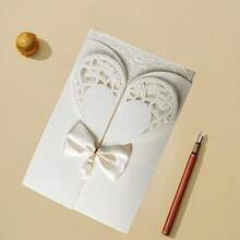 1/5/10pcs Exquisite Sparkling Powder Invitation Letter Heart Shaped Bow Invitation Letter Wedding Blessing Hollow European Invitation Letter Gold Plated Personalized Sparkling Powder Greeting Card Wedding Special Suitable For Wedding Anniversaries, Bridal Showers, Engagement Parties, And Anniversary Dinner Invitations. - Multicolor - View 4