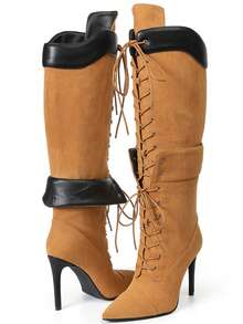 Women's Knee High Boots Pointed Toe Lace Up Stiletto Heel Yellow Boots Motorcycle Dressy Party Luxury Fashion Spring Summer Boots For Women - Màu vàng - Xem 5