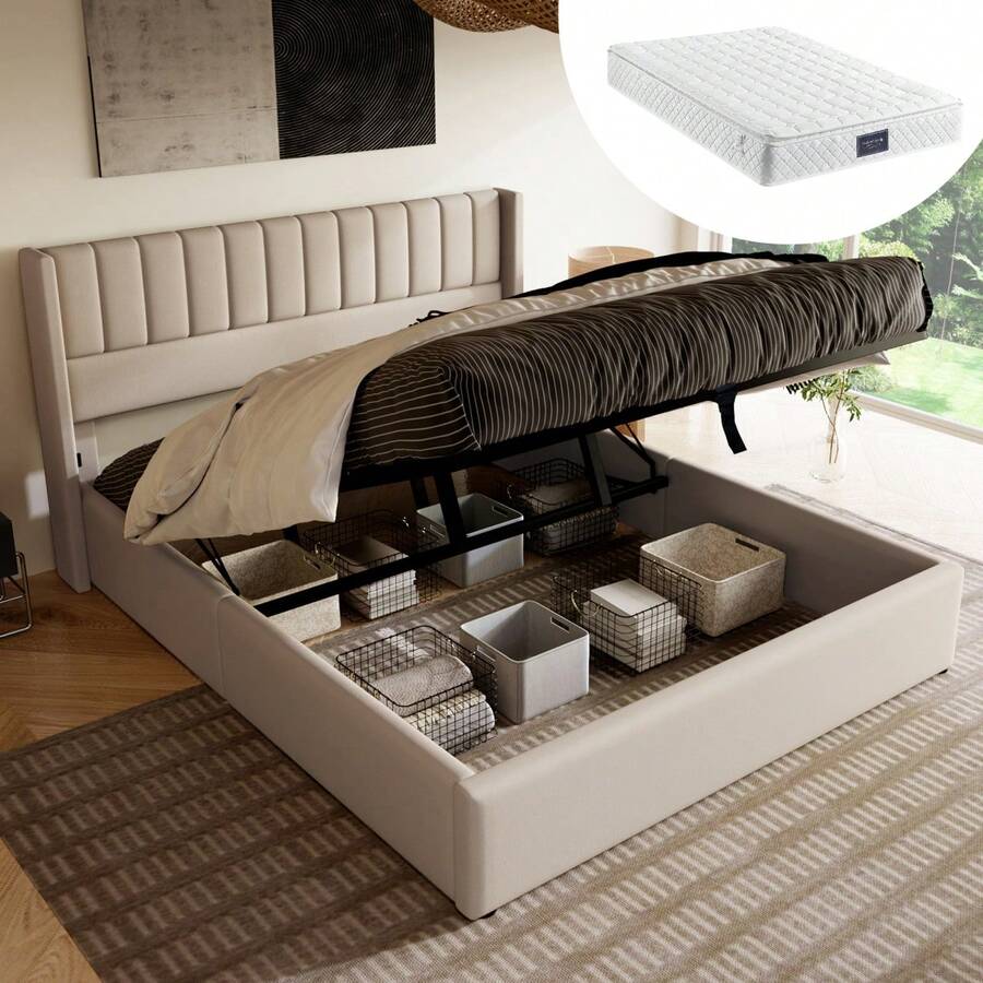 Polsterbed Storage Bed, 180x200cm Hydraulic Double Bed, Wooden Slat Base, Bed With Metal Frame And Slat Base, Linen, Beige - Beige + Linen + 160cm*200cm - 查看 1