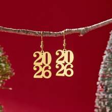 1 Pair Women's Stainless Steel Hollow 2026 New Year Celebration Earrings, Elegant Gold Color