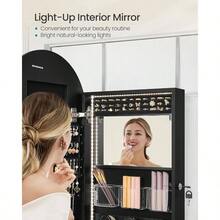 Wide Jewelry Organizer, Jewelry Cabinet Wall/Door Mounted, Arched Mirror With Storage, Lockable, Rounded Corner, Interior Mirror, 3.9x 16.5x 42.5 Inches, Cloud White UJJC020W01 - 墨黑色 - 查看 6
