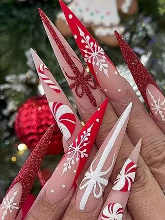 Monina 24 st. Christmas Carol Snowflake Stiletto Wear lösnaglar, moderiktiga, mångsidiga, eleganta, festliga julnagelkonst-essentials