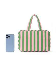 时尚条纹撞色四折洗漱包，大容量，多功能便携旅行化妆品收纳包。简约风格，可折叠浴室化妆包，带挂钩。可收纳化妆品、洗漱用品和护肤品。适合日常通勤、旅行、度假、出差、大学宿舍等场合。男女通用。 - 彩色 - 查看 6