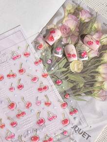 1张闪亮粉色美甲贴纸，小巧清新美甲贴纸，可爱晶莹闪亮樱桃美甲贴纸 DIY - 淺粉色 - 查看 3