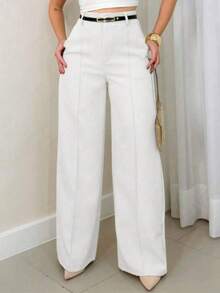 Calça Pantalona Feminina | Cintura Alta com Bolsos Laterais + Cinto - Branco - Visão 2