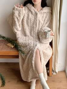 女士舒适珊瑚绒连帽睡袍 - 保暖柔软的家居服，带口袋，可机洗 - 秋冬季浴室装饰的理想之选 - 彩色 - 查看 3