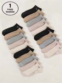 1双/10双随机纯色爱心蝴蝶结袜子，适合秋冬季节，简约百搭，透气防滑，柔软舒适，适合健身、校园穿着，便携时尚，男女皆宜，也适合校园派对、日常居家休闲穿着，柔软舒适，男女必备，情侣条纹短袜 - 彩色 - 查看 9