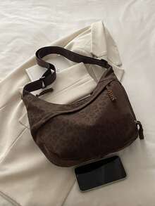 Fashionable Leopard Print Matte Shoulder Bag, Casual Minimalist College Style Wide Strap Crossbody Bag With Multiple Zipper Designs, Suitable For Students, Commuting, Shopping, Daily Use - Brown - View 9