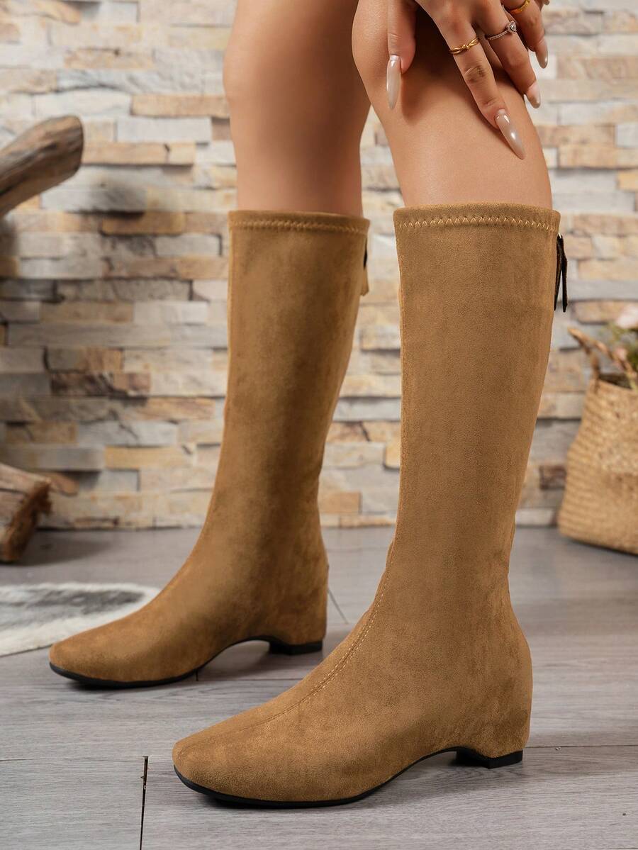 Botas de mujer de media pantorrilla de ante sintético negro para otoño/invierno, con punta cuadrada, cremallera trasera, tacón grueso y cálido, estilo casual, de fiesta, sexy, minimalista, estilizador y que aumenta la altura - Camel - Ver 1