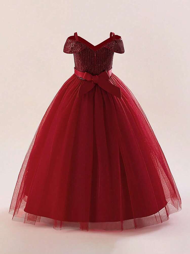 Tween Girls V-Neck Sequin Mesh Elegant Long Birthday Party Dress, Suitable For School Dances, Festivals, Evenings, Does Not Include Headband - Burgundy - View 2