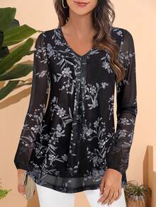 CheersLife Top Tunica A Manica Lunga Da Donna, Casual, Fiori Larghi, Maglia A Strati Plissettati Di Rete - nero - Visualizzare 2