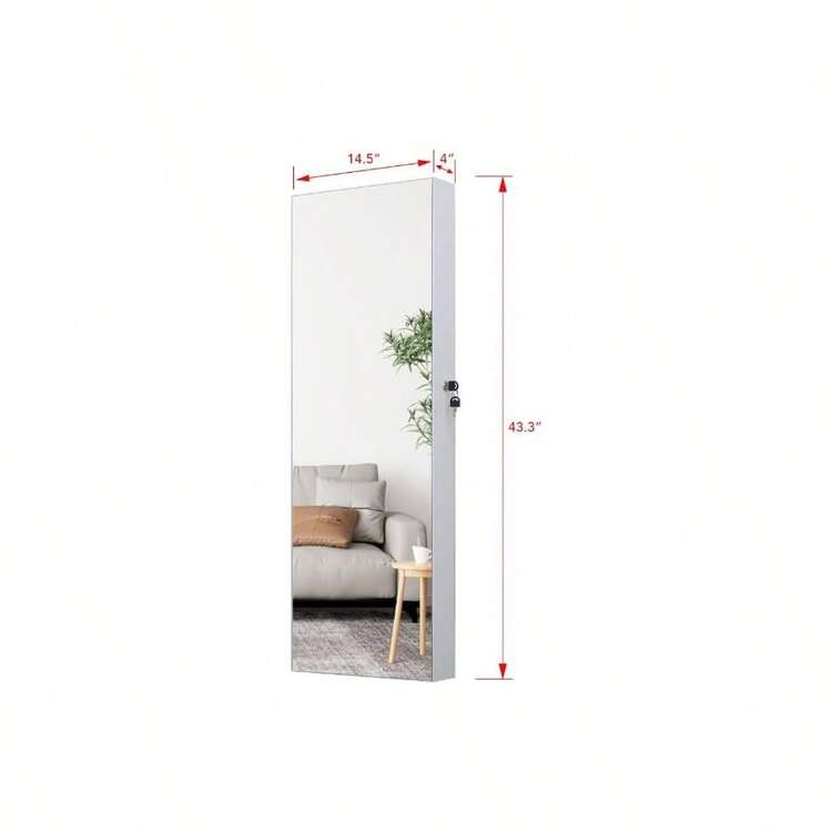 Full Length Mirror Jewelry Cabinet Organizer Lockable Door Wall - Mounted Jewelry Armoire With Shelves And Behind - Door Storage - White - 米白色 + 43.3*14.6 附 LED - 查看 5