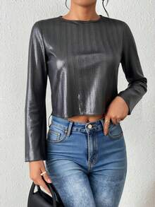 Top corto de punto canalé para mujer manga larga cuello redondo corte regular ideal para fiestas y uso diario elegante cómodo - Plateado - Ver 2