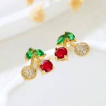 A Pair Of 18K Stainless Steel Plated Red Cherry Stud Earrings For Women, Small And Versatile, Suitable For Parties, Dates, Working Professionals, And Holiday Wear. - Multicolor - View 9