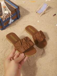儿童时尚户外拖鞋，方头平底鞋，一体式凉鞋，新款时尚优雅简约欧美女童鞋，高端沙滩拖鞋 - 棕色 - 查看 3