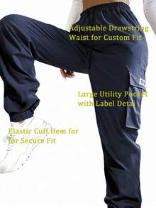 Hidkat Women's Zippered Pocket Cargo Pants, Stylish Large Pocket Design, Drawstring Elastic Waistband, Casual Outdoor/Everyday Wear Trousers - 藍色 - 查看 3