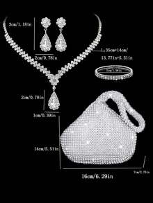 Damska modna torebka zdobiona kryształkami i luksusowy naszyjnik kryształowy, kolczyki, bransoletka 4-częściowy zestaw biżuterii na imprezę, torby imprezowe Tready, idealne na imprezę, wesele, bal, kolację/bankiet, niezbędne elementy ślubne, idealnie pasujące do sukienki na zakończenie szkoły, sukienki na bal