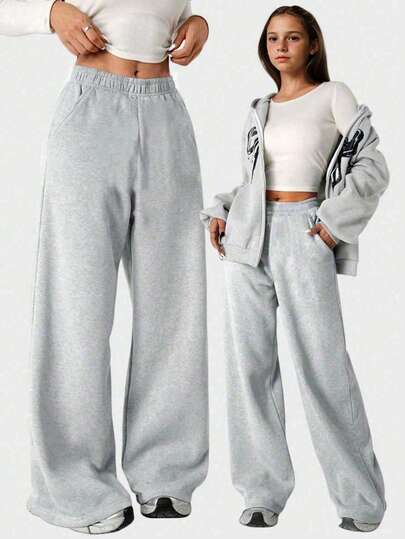 1pc Girls/Teens' Solid Color Casual Outdoor Loose Fit Fleece Sweatpants