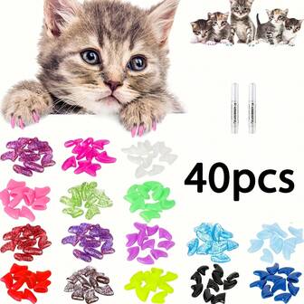 40个彩色猫咪指甲套，家具防抓挠软质宠物指甲套，配有易涂胶水和涂抹器，时尚宠物美容爪套