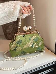 2026 New Vintage Green Fabric Faux Pearl Chain Clutch Bag Women's Versatile Shoulder Bag Suitable For Parties And Everyday Use Elegant Pearl Bag Perfect For Parties - Green - View 6
