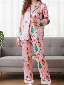 Women's Christmas Pajama Sets Fashionable Printed Button Down Ruffle Tops With Pants 2Pcs Soft Sleepwear - Pink - View 1
