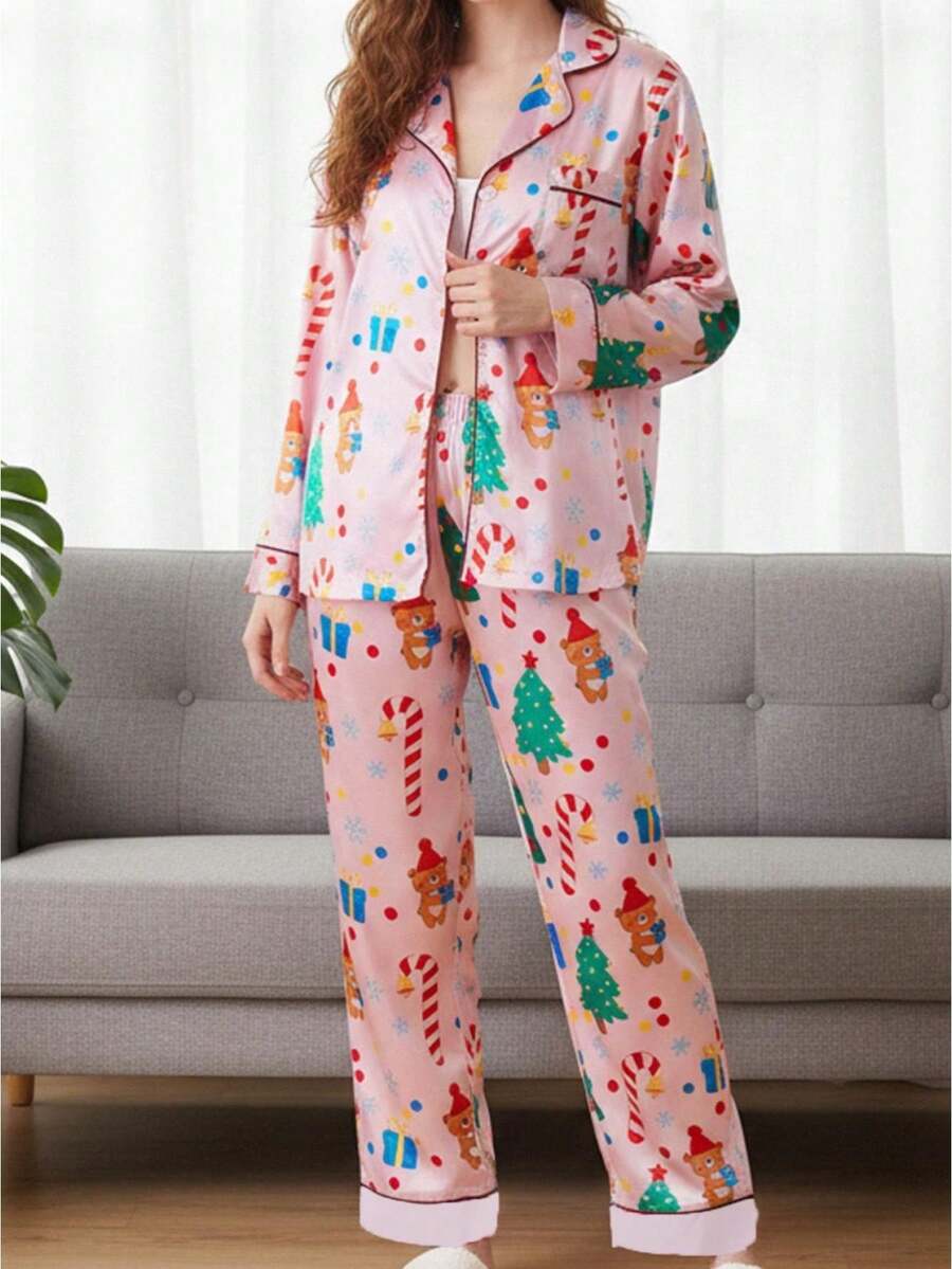 Women's Christmas Pajama Sets Fashionable Printed Button Down Ruffle Tops With Pants 2Pcs Soft Sleepwear - Pink - View 1
