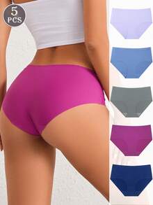 5pcs/Set Seamless Breathable Bikini Briefs, Comfortable Stretchy Solid Color Women's Panties For Daily Wear, Women's Underwear - Multicolor - View 2