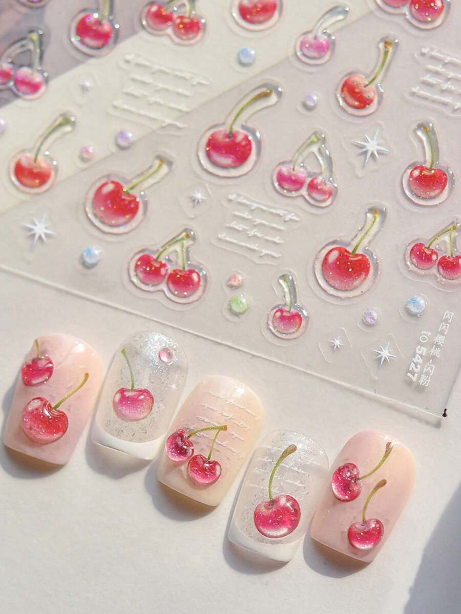 1张闪亮粉色美甲贴纸，小巧清新美甲贴纸，可爱晶莹闪亮樱桃美甲贴纸 DIY - 淺粉色 - 查看 1